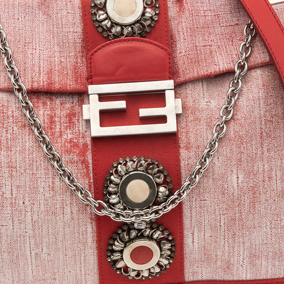 FENDI Red/White Canvas and Leather Maxi Baguette Embellished Shoulder Bag - Picture 5 of 9